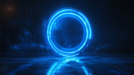 Futuristic neon-blue circular design on a dark backdrop resembling a mystical portal, suitable for branding mockups