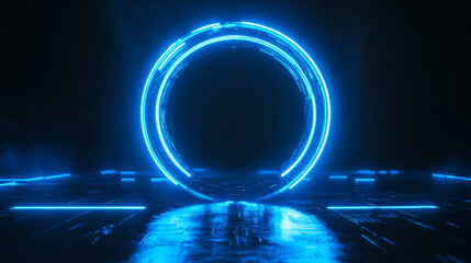 Futuristic neon-blue circular design on a dark backdrop resembling a mystical portal, suitable for branding mockups