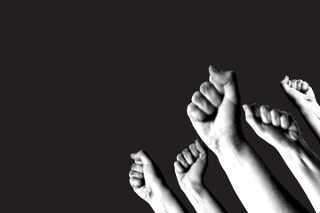 Halftone hands raised up with closed fist. Fists up on black background. Feminists fight. Collage for protest. Protection of rights and freedoms. Woman rights concept. Protesting crowd