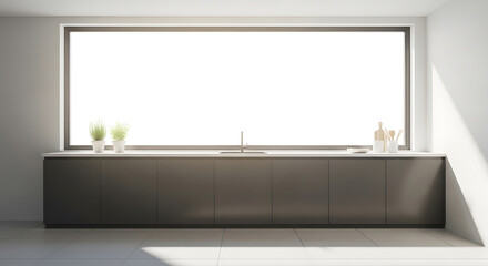 Modern Kitchen Interior Design with Sink, Window, Cabinets, Plants, and Sunlight.