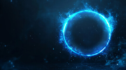 Futuristic neon-blue circular design on a dark backdrop resembling a mystical portal, suitable for branding mockups