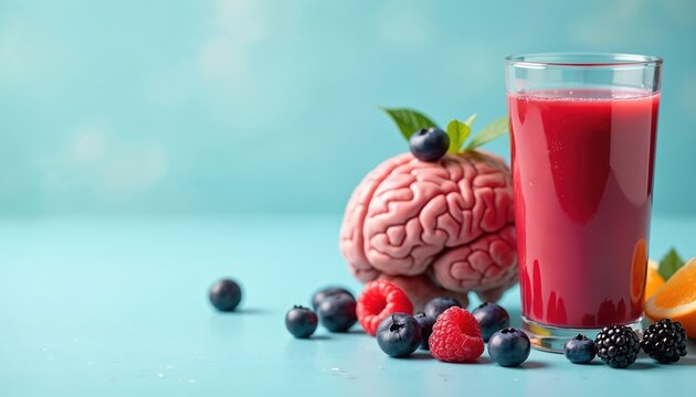 Healthy brain food concept with juice, berries, brain model. Nutrition boosts memory focus. Blueberries, raspberries, blackberries, orange pieces. Diet, vitamins support wellness.