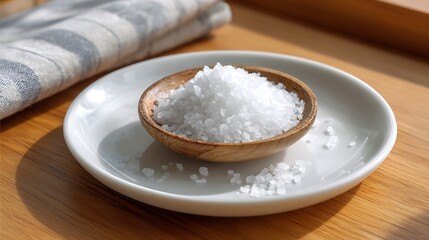 Coarse Salt in a Wooden Bowl on a White Plate