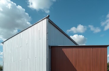 Obraz premium Industrial building exterior against blue sky white clouds. Modern architecture, office space, warehouse, factory. Metal roof, corrugated walls. Corporate design. Urban construction, business,