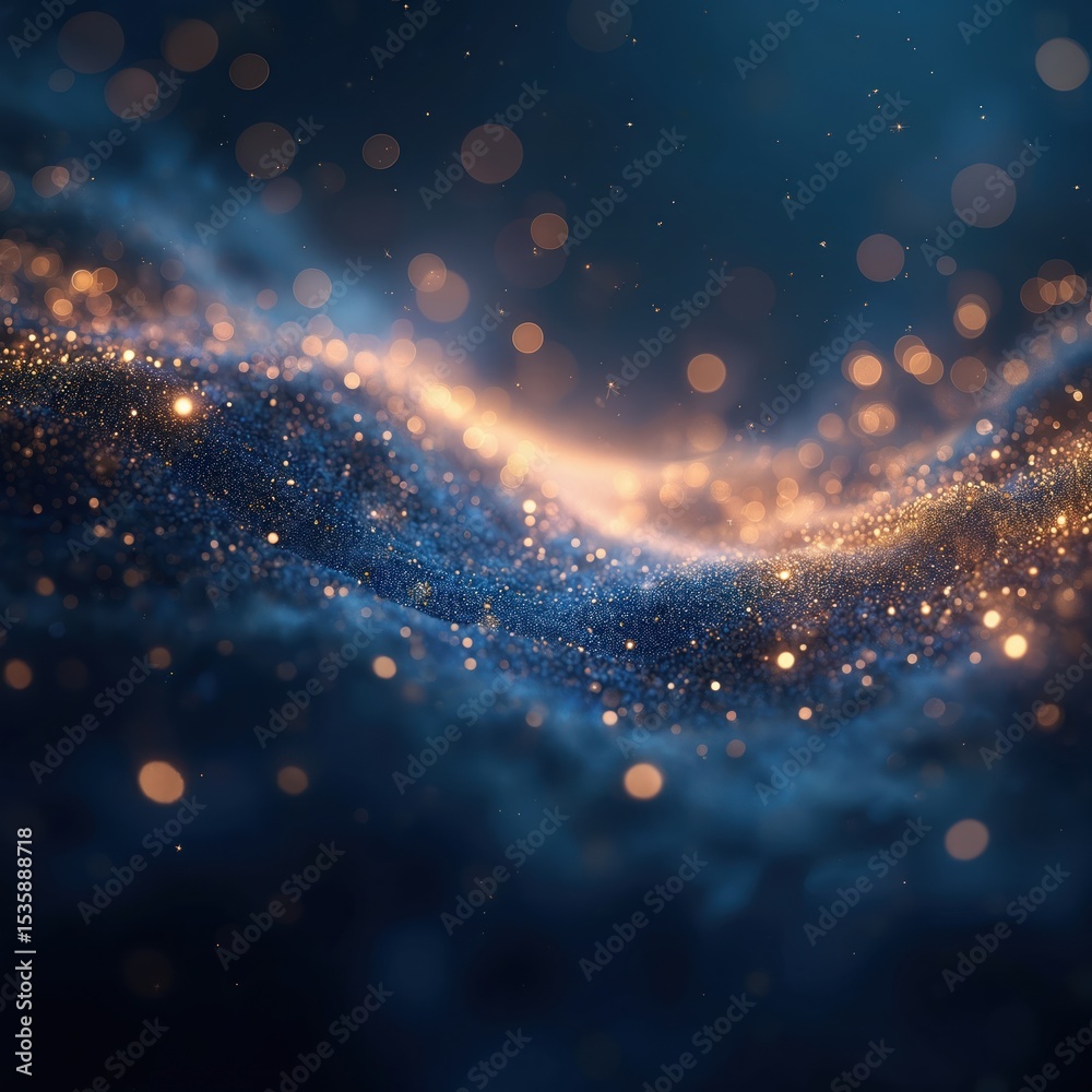 Poster Abstract elegant background with bokeh lights, particles. Dark blue and gold colors. Luxury shiny design. Perfect for festive event invitations and web design.