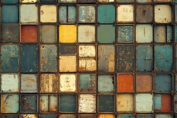 Colorful weathered metal panels create a vibrant patchwork design on the exterior of an urban building during daylight hours