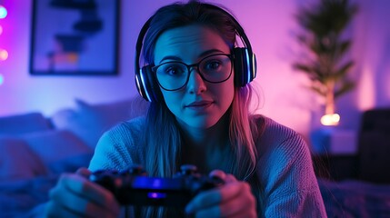 A woman in her 40s, wearing glasses and gaming headphones, plays a technical and competitive video game in her bedroom.