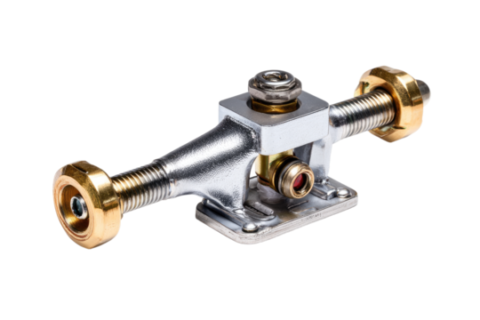 Detailed CloseUp of a Skateboard Truck with Metallic and Brass Components.