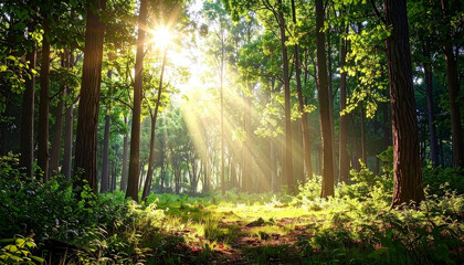 Obraz premium Beautiful rays of sunlight in a green forest