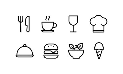 Food and drink line icons set with fork, coffee, wine, chef hat, burger, salad, ice cream. Vector template.