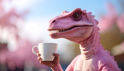 Obraz premium Pink dinosaur drinks coffee outdoors