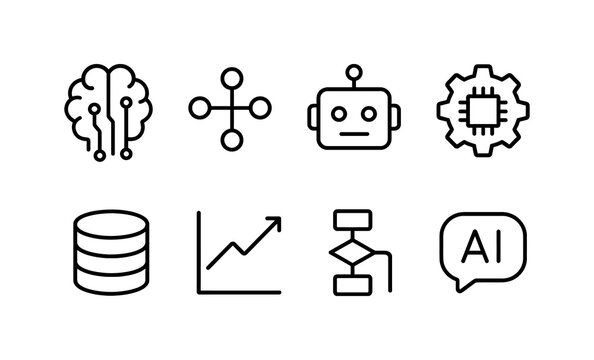 Artificial intelligence line icons set with brain, robot, chip, data, chart, flowchart, AI. Vector template.