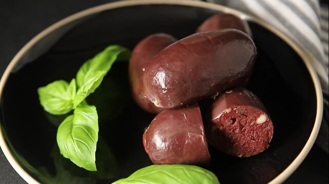 Black pudding sausage fresh gourmet food background on the table rustic food top view copy space