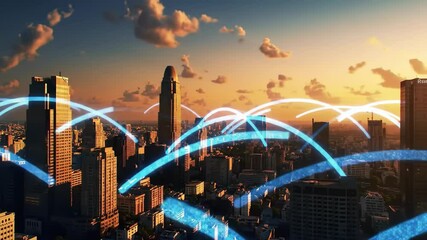 Sunset cityscape with animated digital connectivity arcs and dynamic city lights