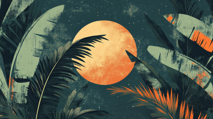 Mid-century modern tropical summer illustration with textured moon and palm silhouettes, ideal for prints, boho decor, or wallpapers. Vector format