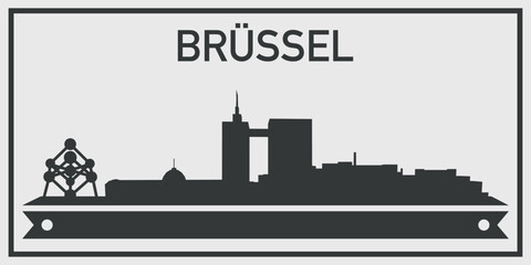 Naklejka premium Silhouette of Brussel city skyline with minimalistic design in black and gray color scheme and decorative ribbon for text on the bottom. Vector on a gray background