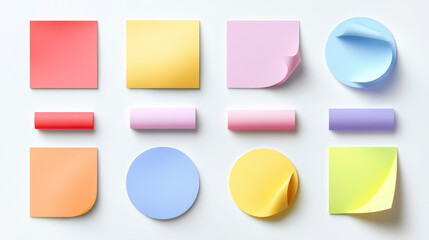 Realistic sticker collection showing round and square shapes with curled corners and shadow effects, designed for mockups