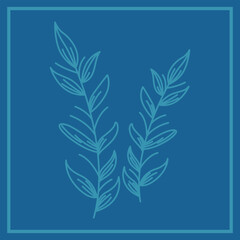 The composition is symmetrical with a frame and two stylized plant elements resembling branches with leaves, executed in light blue on a dark blue background.