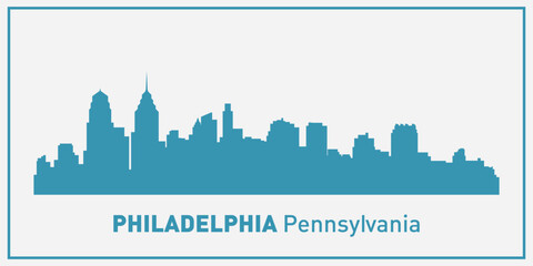 Obraz premium skyline silhouette of the city of Philadelphia, Pennsylvania executed in blue on a light background with a frame and the inscription “Philadelphia, Pennsylvania” below.