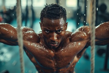 Muscular man exercising with ropes in gym during intense workout session while droplets of sweat fall around him
