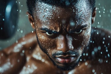 Muscular man exercising with ropes in gym during intense workout session while droplets of sweat fall around him