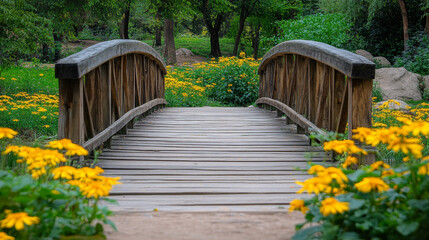 Wooden footbridge surrounded by blooming yellow flowers in a natural setting