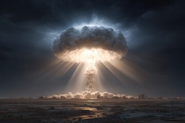 Nuclear explosion with a massive mushroom cloud rising dramatically against a dark sky, illuminating the surrounding landscape with intense light and shadows, symbolizing destruction and power
