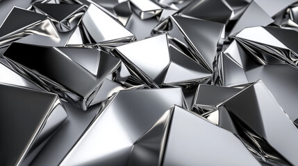 3D rendered chrome pattern composed of geometric shapes on a gray surface for abstract design concepts