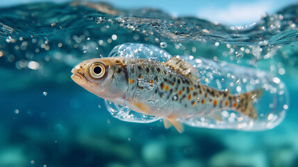 A small fish trapped inside a plastic bottle floating in the ocean