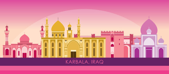 Sunset Skyline panorama of city of Karbala, Iraq - vector illustration