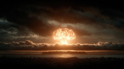 Nuclear explosion with a massive mushroom cloud rising above dark stormy skies, illuminating the horizon with a fiery glow, symbolizing destruction and power in a dramatic landscape