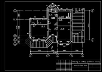 Vector architectural engineering construction
private residential building drawing,
second floor plan, dimensional lines. Industrial design
on sheet of paper. Blueprint of multistory
suburban cottage.