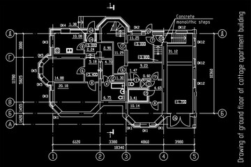 
Vector architectural engineering construction
private residential building drawing,
ground floor plan, dimensional lines. Industrial design
on sheet of paper. Blueprint of multistory
suburban cottage