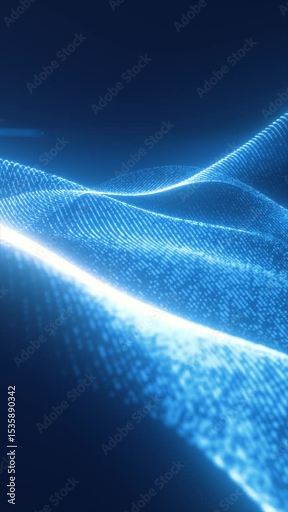Poster high-tech blue digital mesh forms flowing waves of data points on a dark background