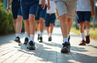 Low section of students walking together on footpath. Boys, girls wearing uniforms, walking toward school. Group of kids in shorts and sneakers. Education, back to school concept.