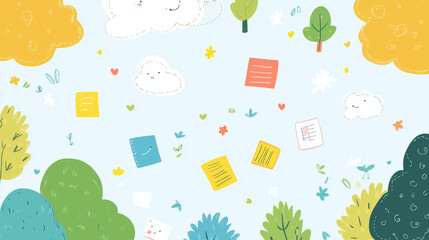 Bulletin board design intended for daycares, featuring hand-drawn spring elements like trees, clouds, and notes such as memos, labels, and stickers. Vector illustration