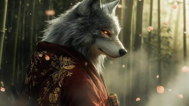 Majestic wolf-like creature in a bamboo forest, adorned in traditional attire, surrounded by falling petals