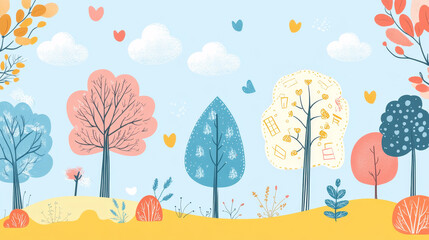 Bulletin board design intended for daycares, featuring hand-drawn spring elements like trees, clouds, and notes such as memos, labels, and stickers. Vector illustration