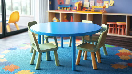 Circular blue kidsâ€™ table with four surrounding chairs placed in a children's activity zone