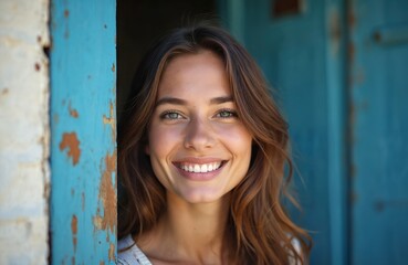 Fototapeta premium Young woman smiles, close-up portrait. Beautiful girl near blue wooden door entrance. Happy cheerful lady, positive emotion, smiling teeth, natural beauty, healthy skin, brown hair, blue eyes.