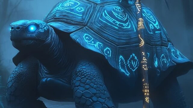 A mystical glowing turtle adorned with ancient symbols, set in a foggy enchanted forest