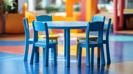 Circular blue kidsâ€™ table with four surrounding chairs placed in a children's activity zone