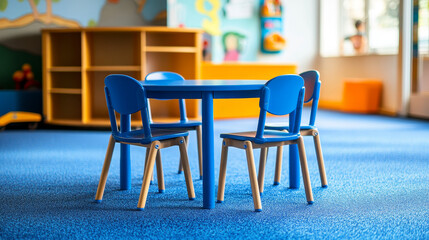 Circular blue kidsâ€™ table with four surrounding chairs placed in a children's activity zone