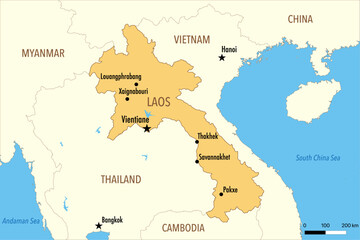 Vector Map of Laos with Major Cities and Neighboring Countries – Editable Illustration