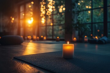 Relaxation space with rolled towels and flickering candles in a lush indoor garden at dusk, creating a serene atmosphere for unwinding