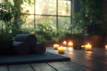 Relaxation space with rolled towels and flickering candles in a lush indoor garden at dusk, creating a serene atmosphere for unwinding