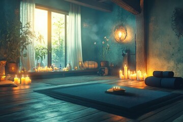 Relaxation space with rolled towels and flickering candles in a lush indoor garden at dusk, creating a serene atmosphere for unwinding