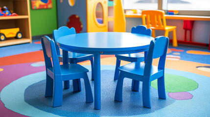 Circular blue kidsâ€™ table with four surrounding chairs placed in a children's activity zone