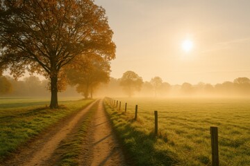 Fototapeta premium Autumn sunrise on a misty country road