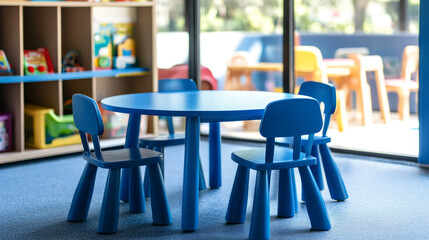 Circular blue kidsâ€™ table with four surrounding chairs placed in a children's activity zone